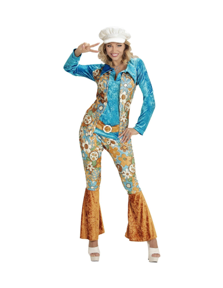 Déguisement hippie femme bleu et marron en velours (chemise avec veste et ceinture, pantalon, chapeau)