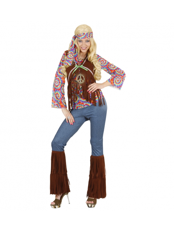 Déguisement hippie Femme (chemise avec veste, pantalon, bandeau pour la tête, collier)