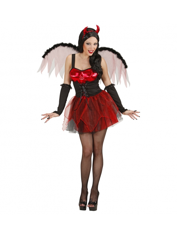 Déguisement femme diablesse rouge (robe, ailes, gants sans doigts, cornes)