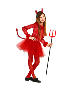 Déguisement Diablesse rouge (body avec plumes, jupe avec queue en paillettes, cornes en paillettes)
