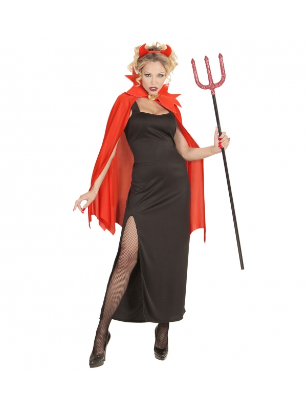 Déguisement Démon, femme noir et rouge (robe, cape, cornes)