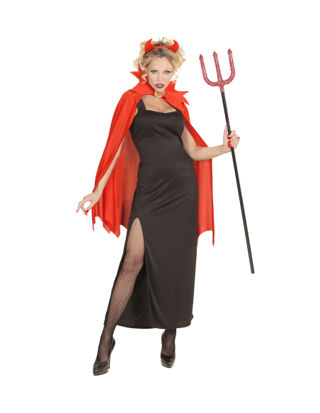 Déguisement Démon, femme noir et rouge (robe, cape, cornes)