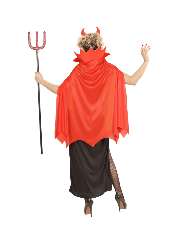 Déguisement Démon, femme noir et rouge (robe, cape, cornes)
