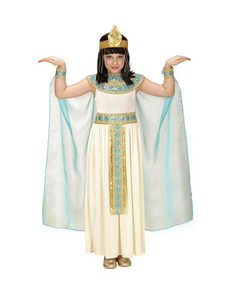 Déguisement Cléopâtre fille (robe avec ceinture, col, manchettes, coiffe, cape)