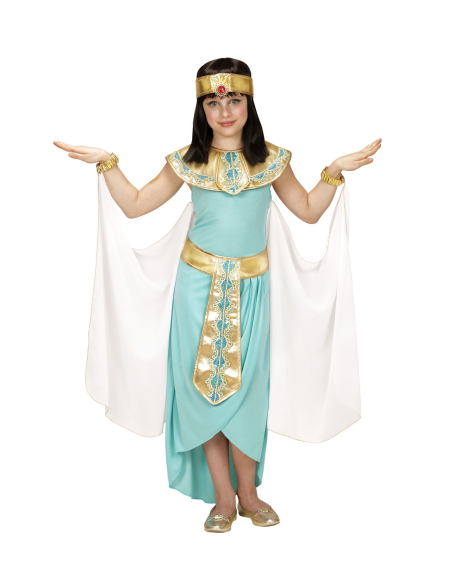 Déguisement Reine d'Egypte bleu et or Fille (robe, ceinture, col, manchettes, coiffe, cape)