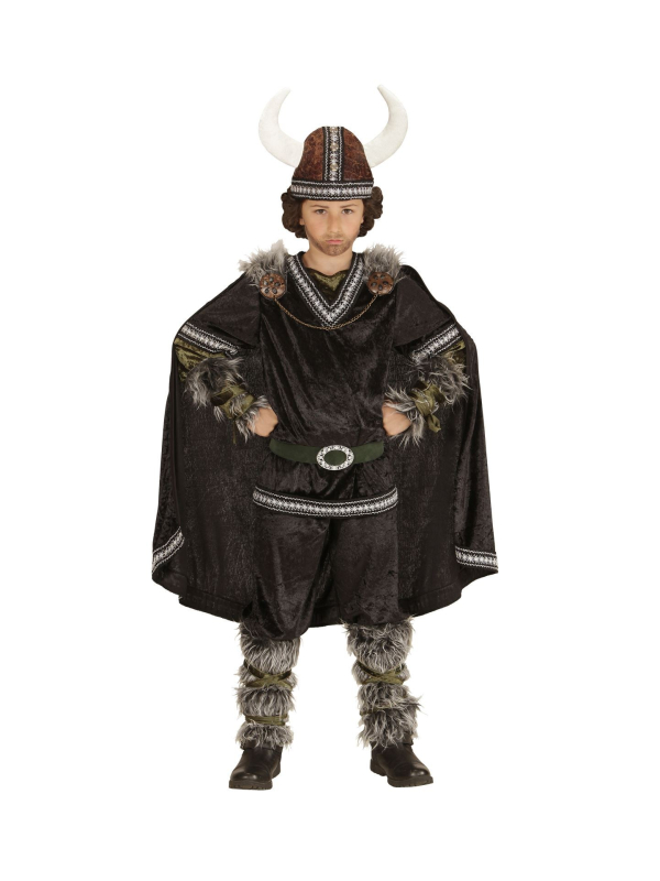 Déguisement viking garçon (manteau, pantalon, ceinture, brassards, jambières, cape, casque)