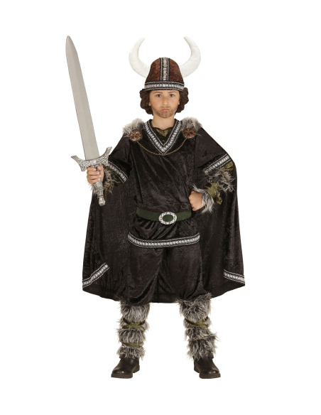 Déguisement viking garçon (manteau, pantalon, ceinture, brassards, jambières, cape, casque)