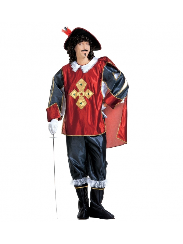 Déguisement Mousquetaire Homme (Cape avec pierres précieuses, manteau, pantalon avec surbottes, chapeau avec plume)
