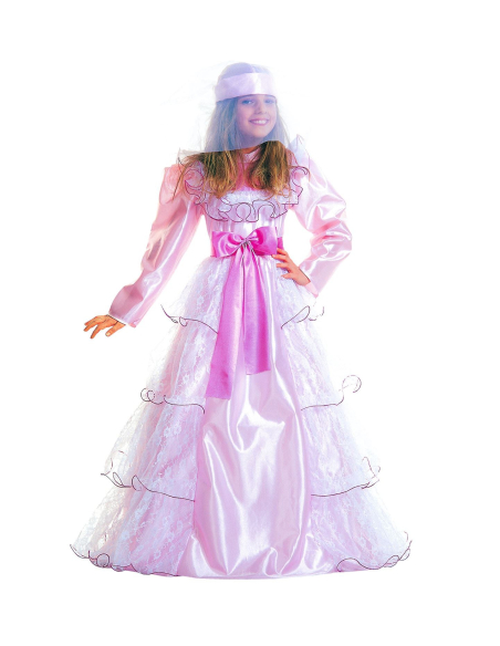 Robe de princesse rose, fille (robe avec jupon, ceinture avec rosette, cagoule avec voiles)