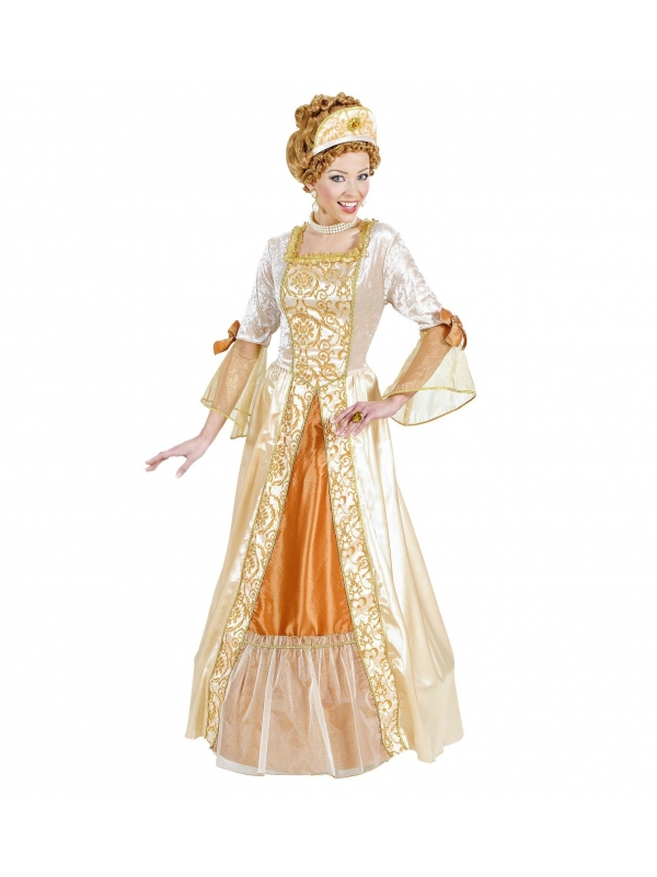 Déguisement Princesse adulte (robe dorée avec cerceau, coiffe)