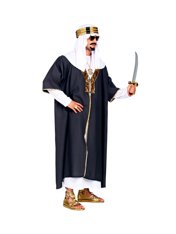 Déguisement Sultan Homme noir et blanc (robe avec manteau, couvre-tete)