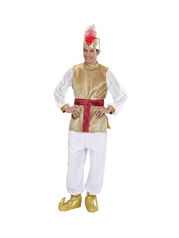 Déguisement Sultan blanc et or, Homme (tunique, ceinture, turban)