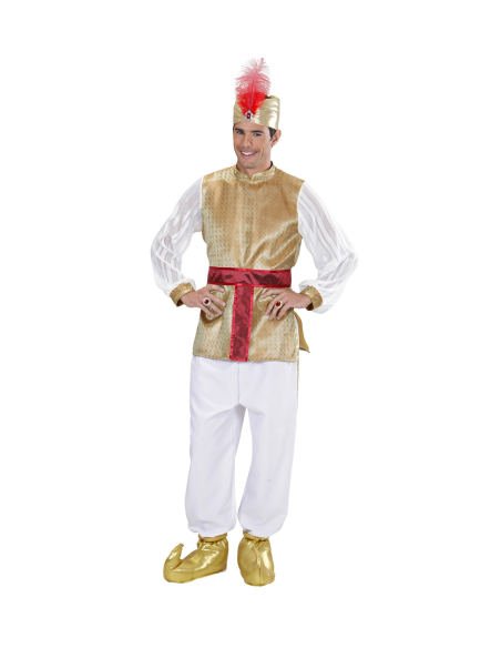 Déguisement Sultan blanc et or, Homme (tunique, ceinture, turban)