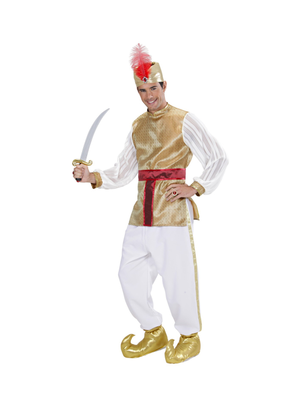 Déguisement Sultan blanc et or, Homme (tunique, ceinture, turban)