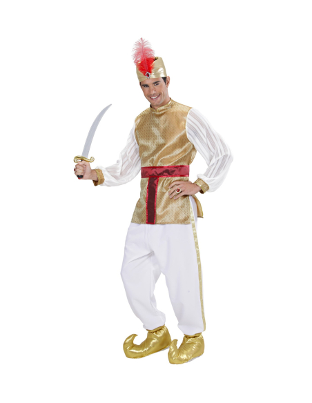 Déguisement Sultan blanc et or, Homme (tunique, ceinture, turban)