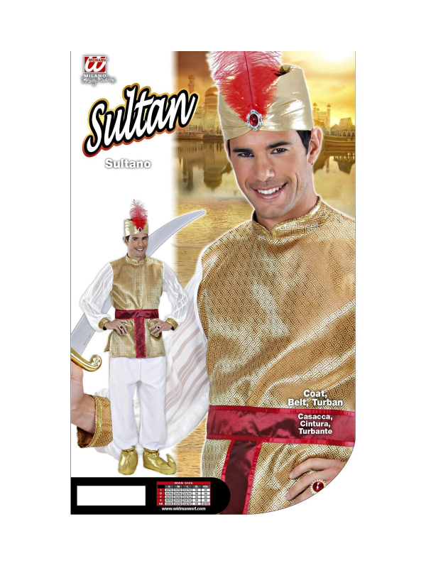 Déguisement Sultan blanc et or, Homme (tunique, ceinture, turban)