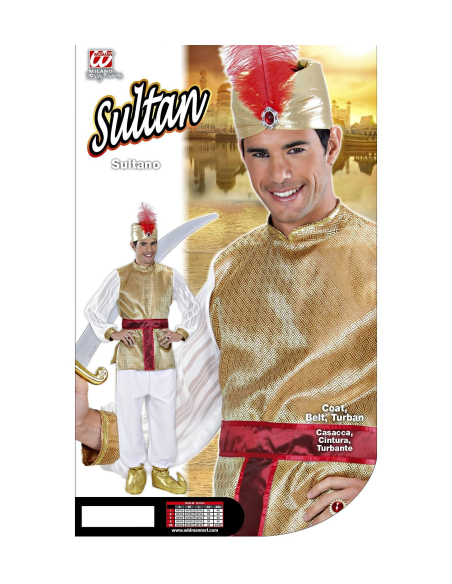 Déguisement Sultan blanc et or, Homme (tunique, ceinture, turban)