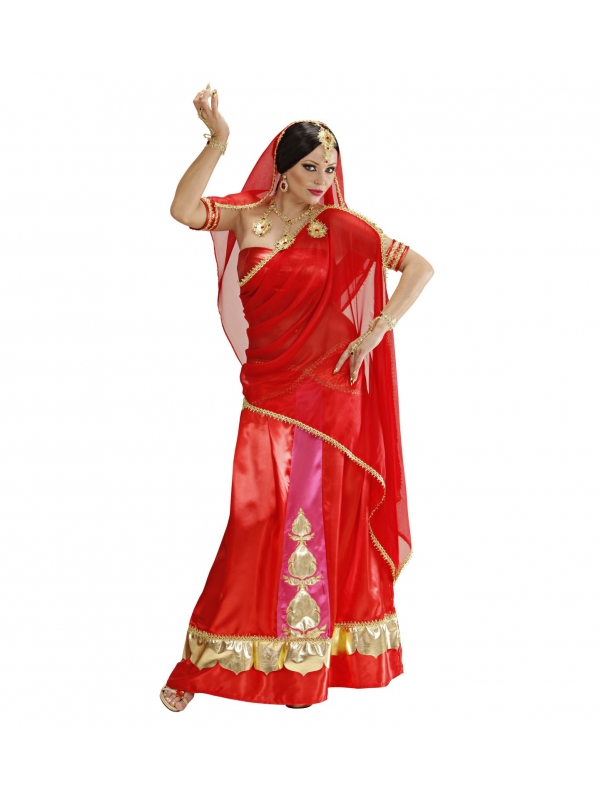 Déguisement hindou rouge, femme (top, jupe, bande voilée, couvre-chef avec voile, bracelets, gants, nu-pieds)
