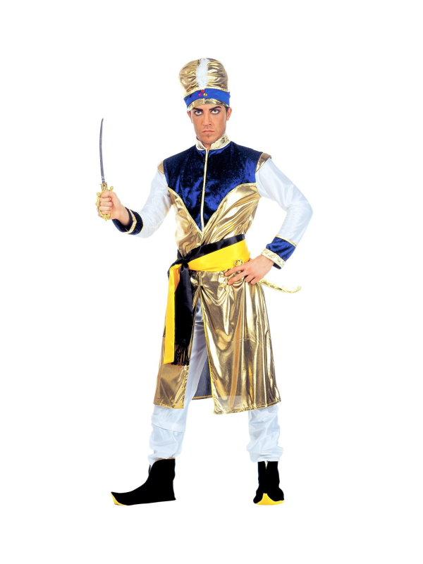 Déguisement Maharajah Homme (veste longue, pantalon, ceinture, surchaussures, turban avec pierres précieuses)