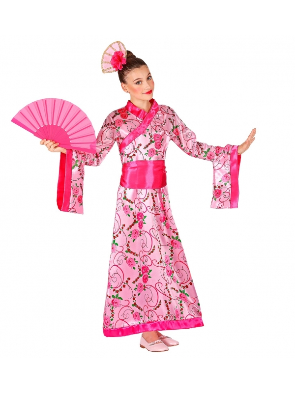 Déguisement Chinoise enfant rose (kimono avec ceinture, coiffe)