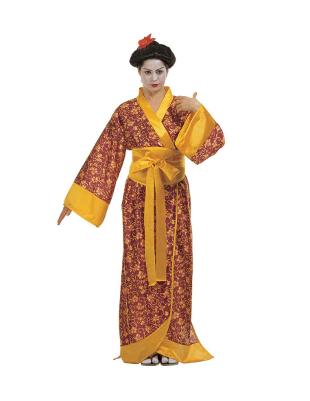 Déguisement Geisha Femme, Jaune et Bordeaux (kimono, ceinture)