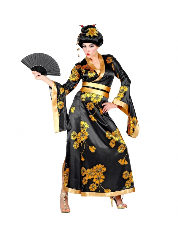 Déguisement Geisha Femme noir et doré (kimono noir et or, ceinture)