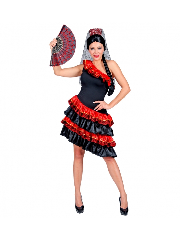 Déguisement Espagnole femme rouge et noir (robe, coiffe avec voile)