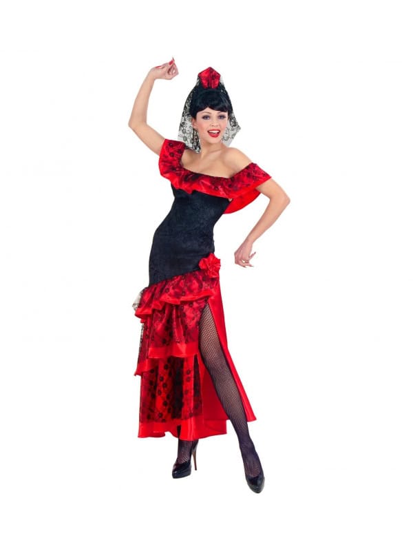 Robe flamenco femme rouge et noire (robe velours, coiffe avec voile)