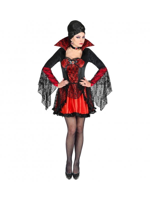 Déguisement femme vampire sexy rouge et noir (robe, tour de cou)