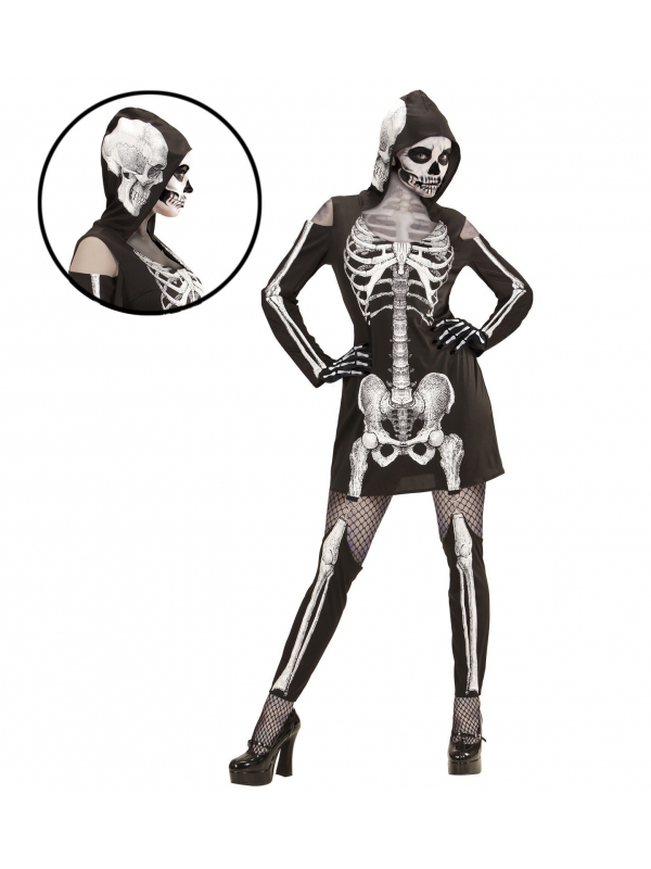 Déguisement femme squelette noir et blanc (robe à capuche, leggings montants)