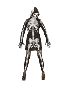 Déguisement femme squelette noir et blanc (robe à capuche, leggings montants) 2