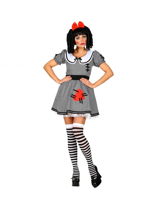 Déguisement poupée Halloween femme (robe avec jupon en crinoline, noeud à cheveux)