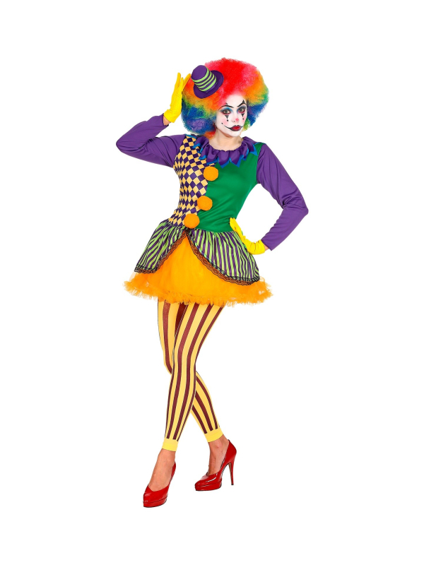 Déguisement Joker femme multicolore (robe avec tutu, collants sans pieds, mini chapeau)