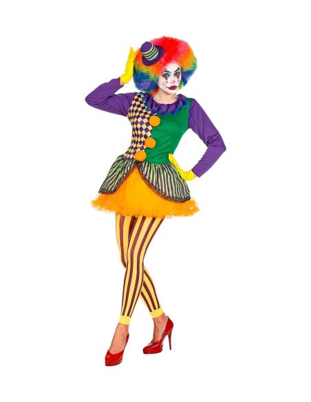 Déguisement Joker femme multicolore (robe avec tutu, collants sans pieds, mini chapeau)