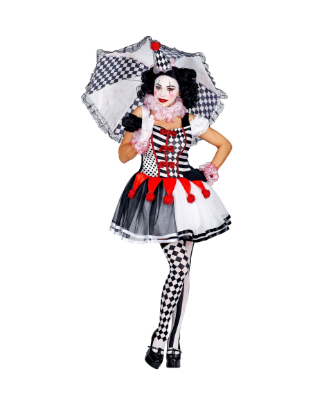 Déguisement Arlequin femme (robe, collier, poignets, mini chapeau)