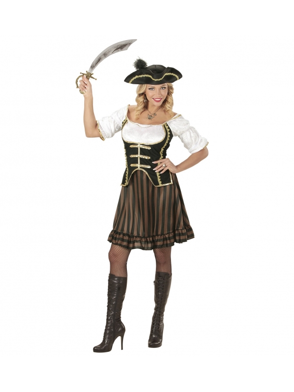 Déguisement femme pirate, capitaine (robe avec corset, chapeau avec plumes)