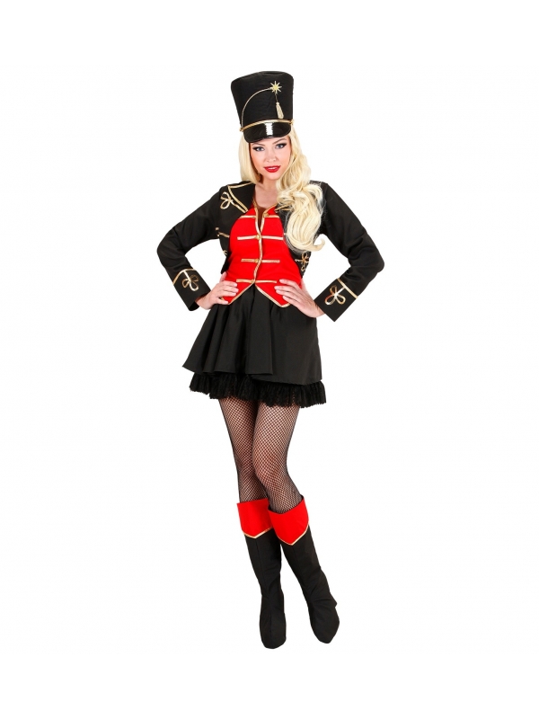 Déguisement femme dompteuse de cirque rouge et noir (veste avec gilet, jupe, sur-bottes, chapeau, fouet)