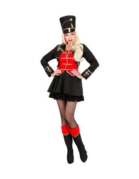 Déguisement femme dompteuse de cirque rouge et noir (veste avec gilet, jupe, sur-bottes, chapeau, fouet)
