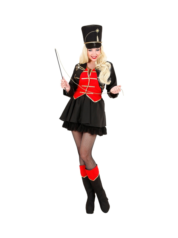 Déguisement femme dompteuse de cirque rouge et noir (veste avec gilet, jupe, sur-bottes, chapeau, fouet)