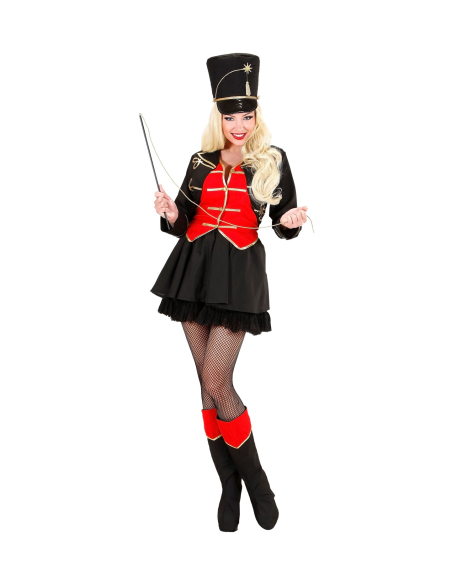 Déguisement femme dompteuse de cirque rouge et noir (veste avec gilet, jupe, sur-bottes, chapeau, fouet)