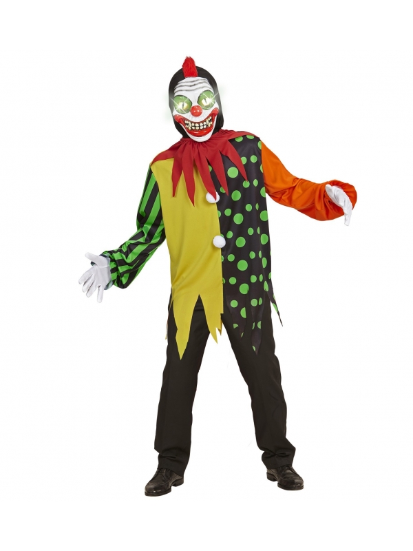 Déguisement clown tueur garçon (casaque à capuche, col, masque avec yeux lumineux &  sons de clown affreux)