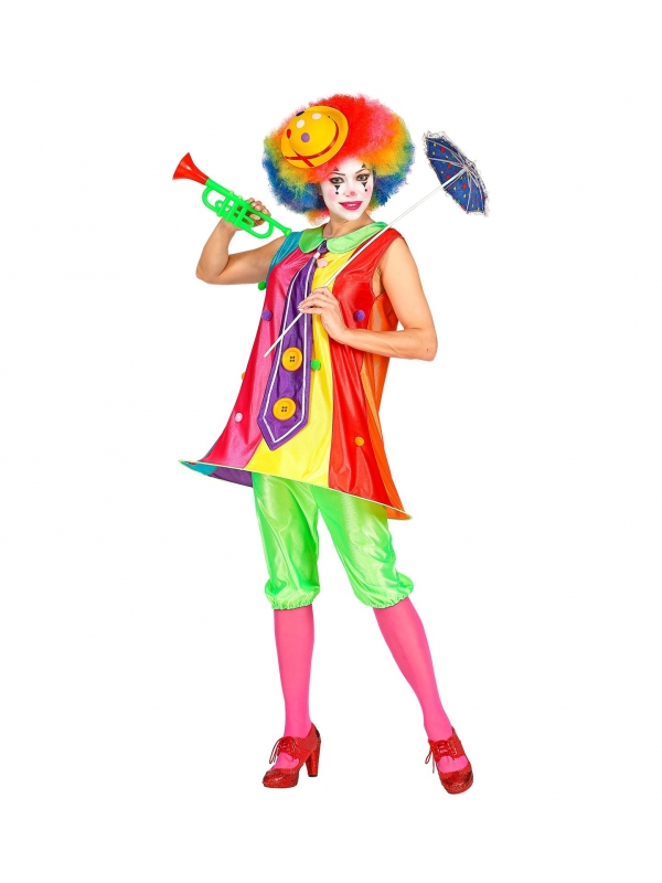Déguisement femme clown multicolore (robe avec cerceau et cravate, pantalon court)
