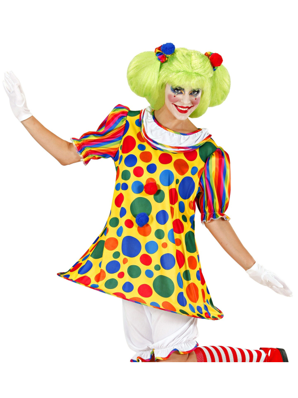 Déguisement femme clown (robe avec ourlet à cerceau, caleçon long, élastiques pour les cheveux avec pompons)