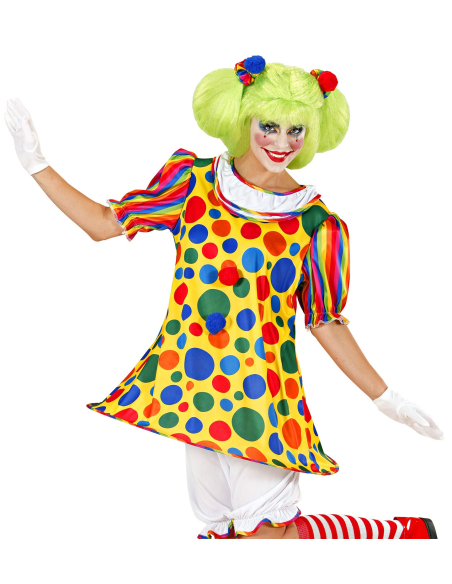 Déguisement femme clown (robe avec ourlet à cerceau, caleçon long, élastiques pour les cheveux avec pompons)