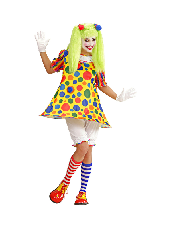Déguisement femme clown (robe avec ourlet à cerceau, caleçon long, élastiques pour les cheveux avec pompons)