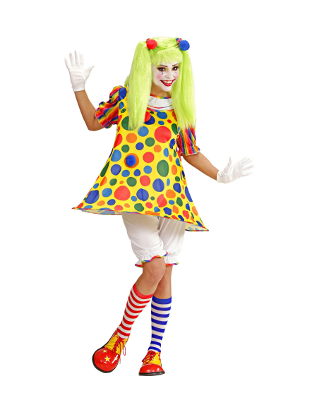 Déguisement femme clown (robe avec ourlet à cerceau, caleçon long, élastiques pour les cheveux avec pompons)