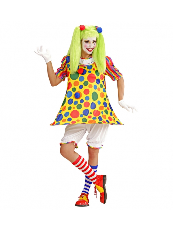 Déguisement femme clown (robe avec ourlet à cerceau, caleçon long, élastiques pour les cheveux avec pompons)
