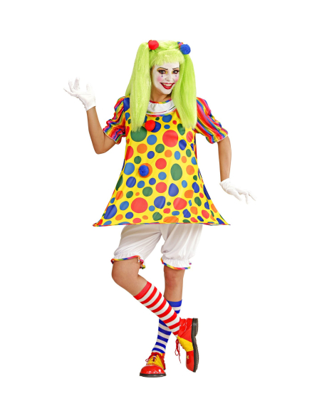Déguisement femme clown (robe avec ourlet à cerceau, caleçon long, élastiques pour les cheveux avec pompons)