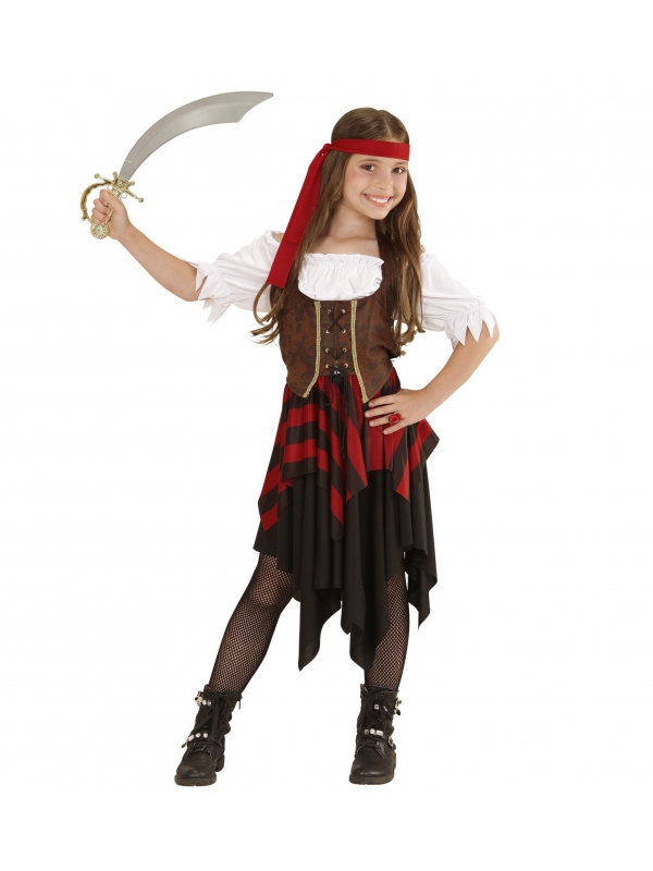 Déguisement Pirate fille rouge et noir (robe, corset, bandeau)