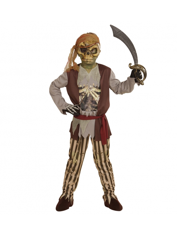 Déguisement enfant, pirate de bateau fantôme (chemise avec poitrine osseuse, gilet, pantalon, ceinture bandeau, masque)